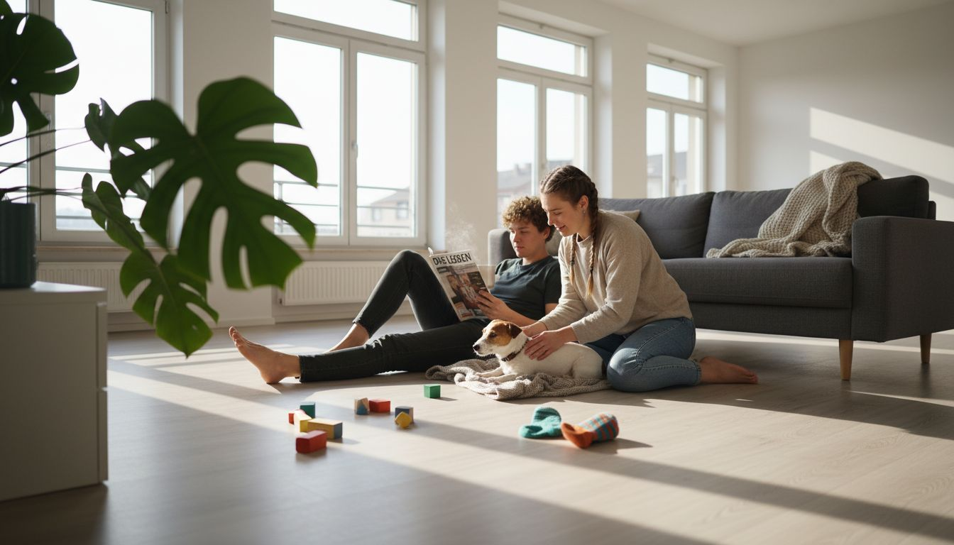 Ein Paar genießt die gemütliche Atmosphäre ihres modernen Wohnzimmers mit stilvollem Vinylboden.