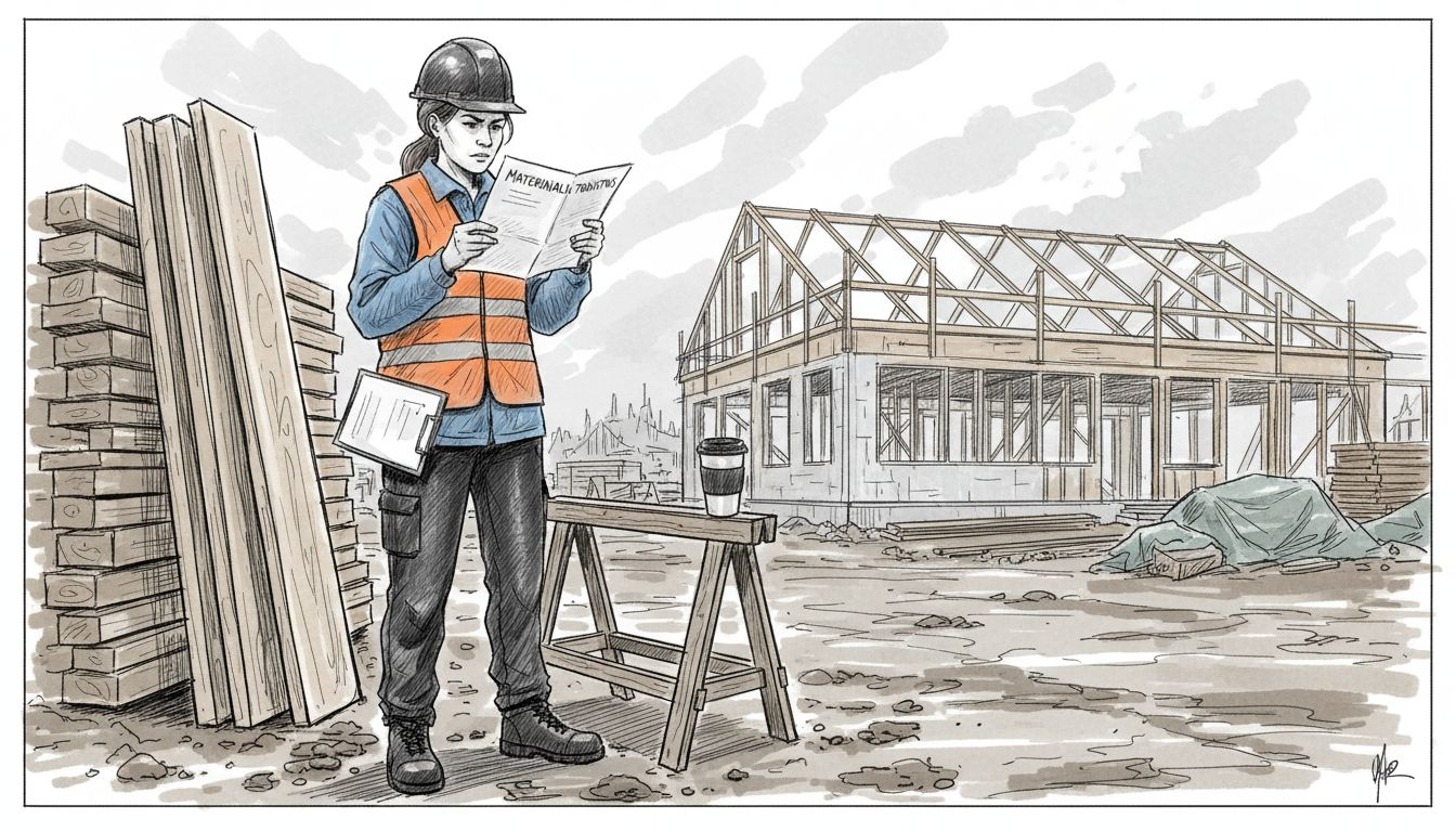 Työmaan rakennuspäällikkö varmistaa, että puutavara täyttää laatuvaatimukset ennen käyttöönottoa.