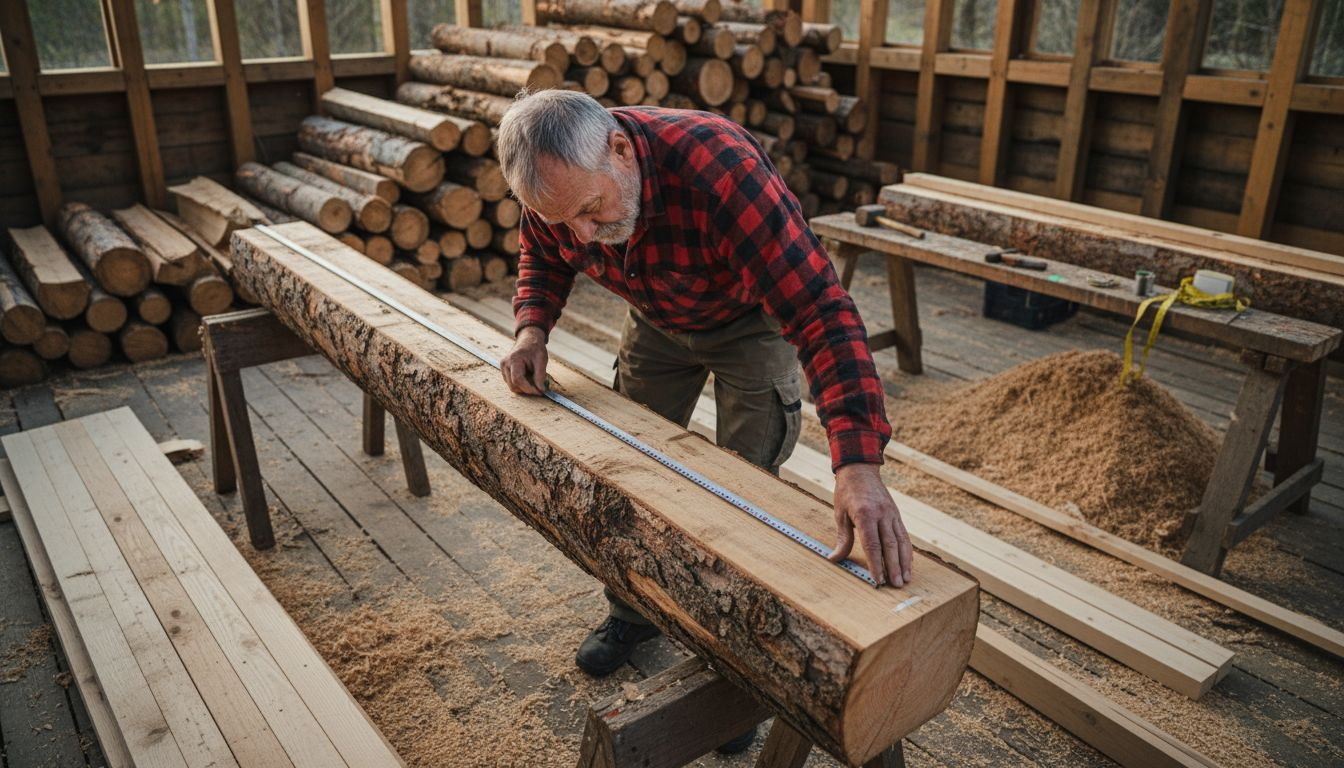 Man mäter längden på granstocken intill bastuväggen.