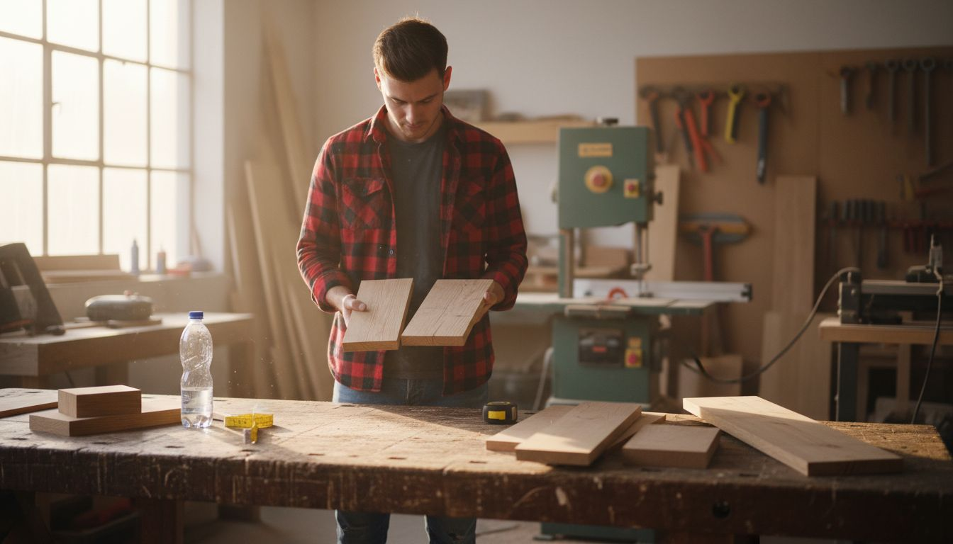 In seiner Werkstatt begutachtet der Handwerker verschiedene Holzarten und vergleicht deren Eigenschaften.