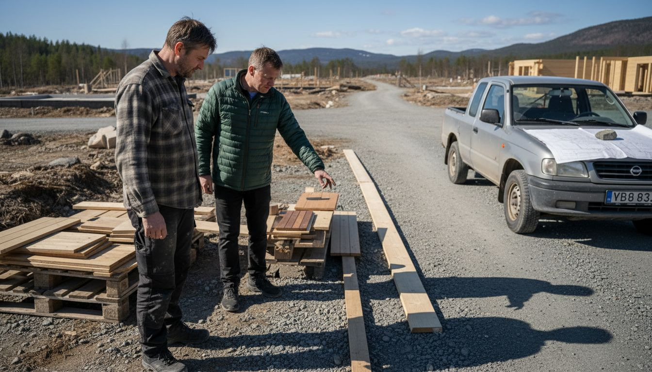 Kunden ser på ulike materialvalg sammen med hytteleverandøren ute på tomta.