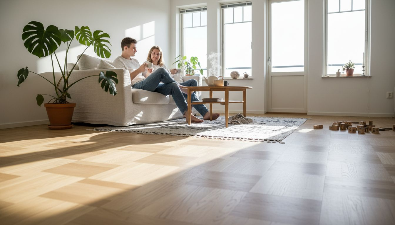 Ein Paar genießt gemeinsam den gemütlichen Parkettboden im skandinavisch eingerichteten Wohnzimmer.