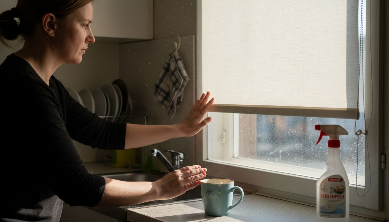 Nainen asentaa paksut sälekaihtimet parantaakseen kodin lämmöneristystä.
