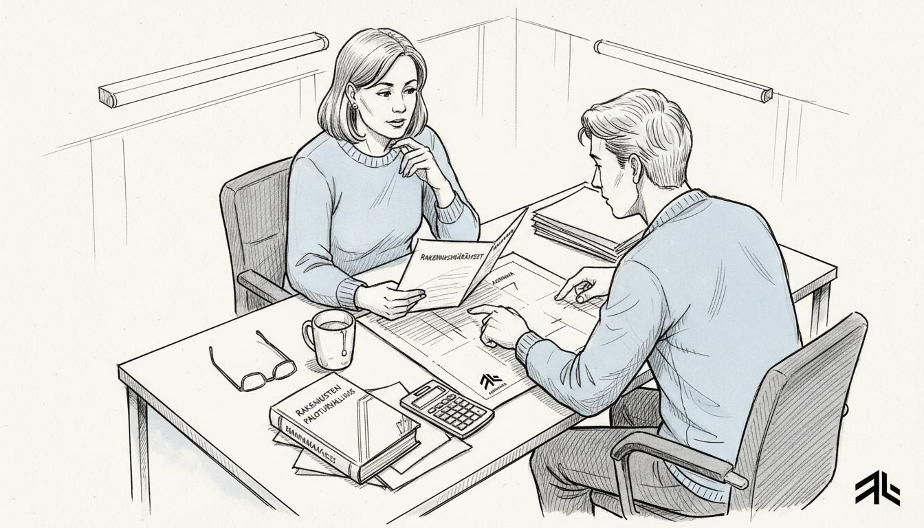 Tarkastaja neuvoo asiakasta rakentamiseen liittyvissä määräyksissä ja ohjeissa.