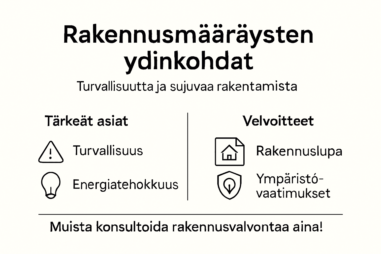 Kuvallinen kooste pientalon tärkeimmistä rakennusmääräyksistä