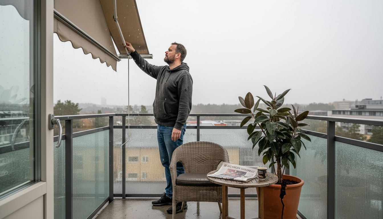 Mies vetää markiisin kasaan, kun sade yllättää Helsingissä.