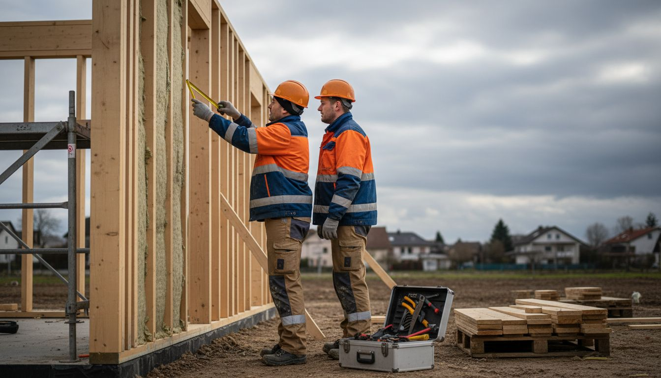 Auf einer Holzbaustelle überprüfen Bauarbeiter, wie energieeffizient gebaut wird.