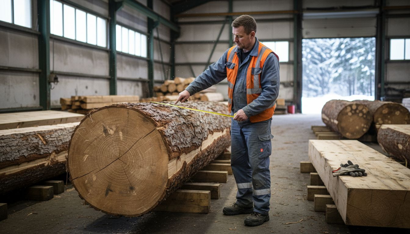 Kvalitetskontroll og sortering av tømmer utføres innendørs