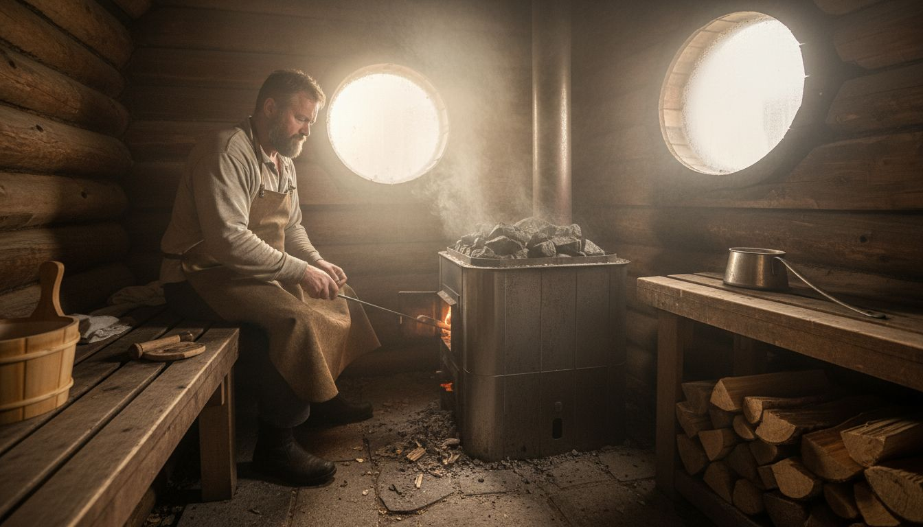 Craftsman tending wood stove in Finnish sauna