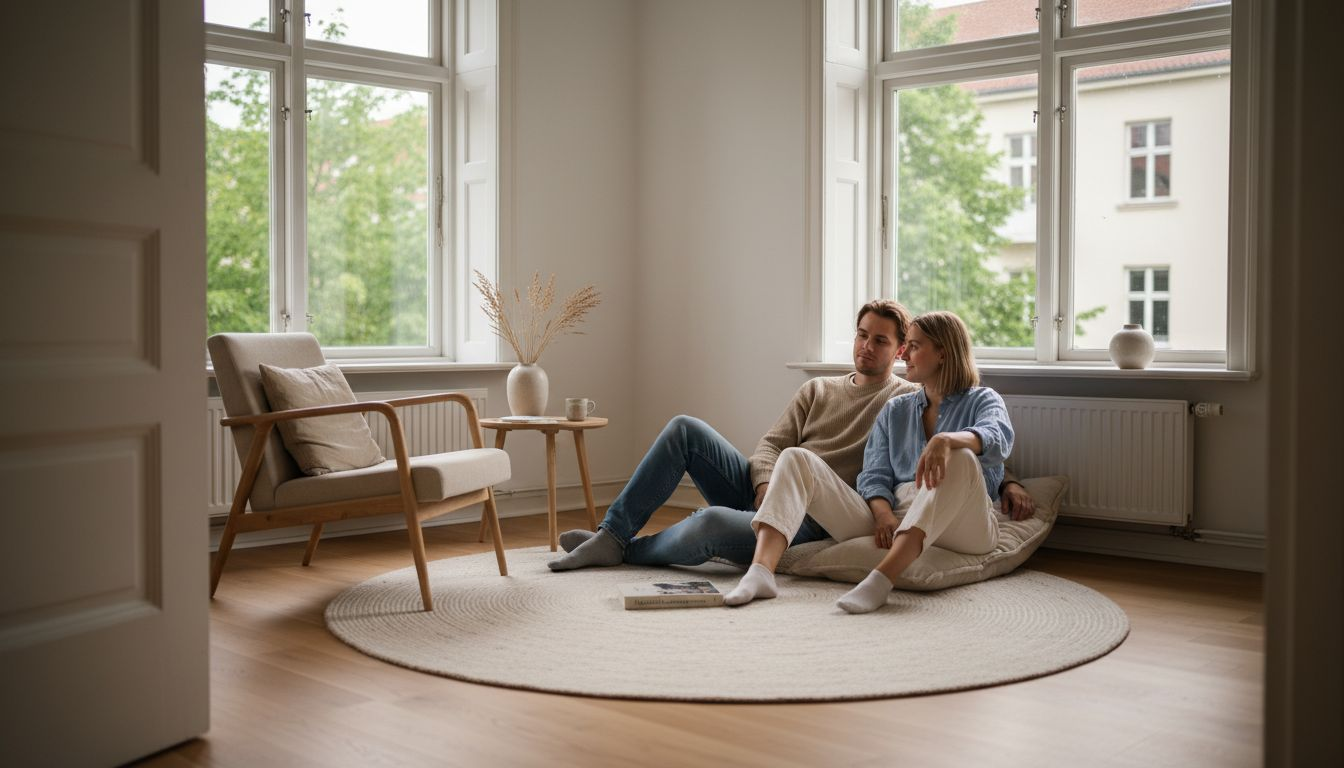 Ein Paar genießt entspannte Stunden in einem hellen Wohnzimmer im skandinavischen Stil mit schönem Holzboden.