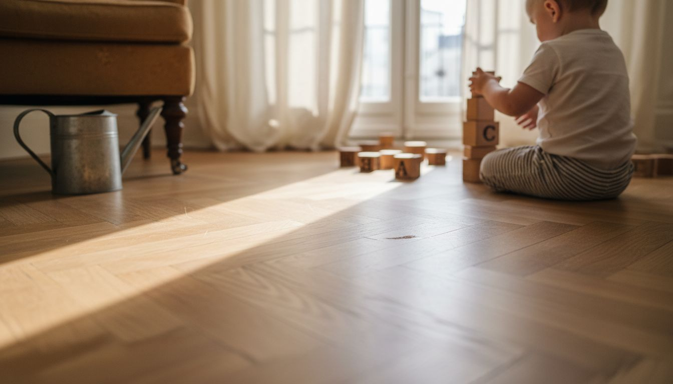 Ein Kind spielt tagsüber auf einem strukturierten Holzboden.