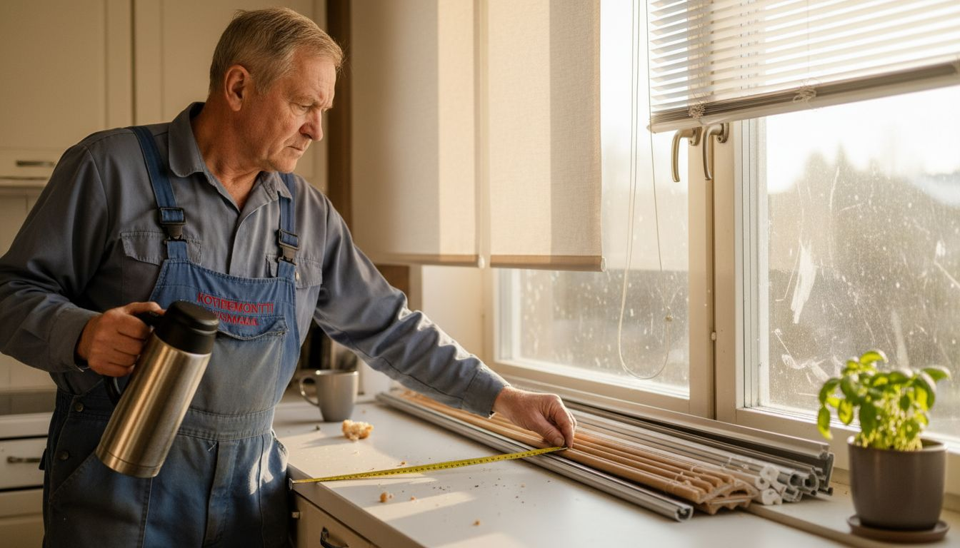 Mies pohtii kotona, millaiset kaihtimet sopisivat parhaiten hänen ikkunoihinsa.