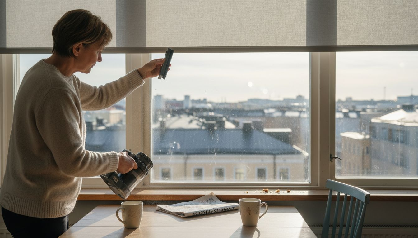 Omistaja pyyhkii keittiön sälekaihtimia puhtaaksi