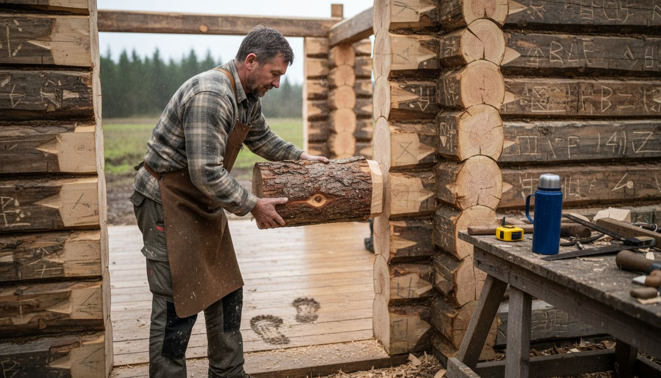 Carpenter assembling Finnish log home wall