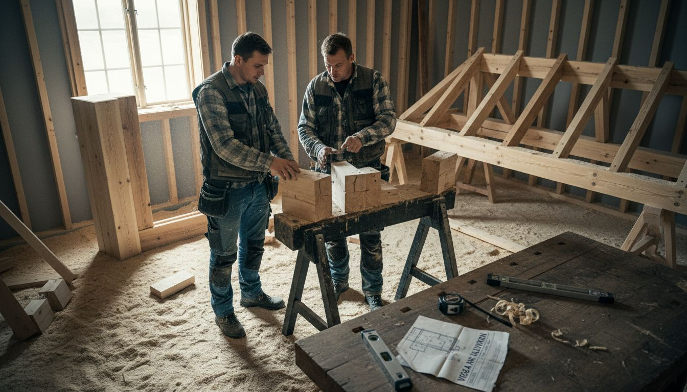 Snickare jämför olika sätt att bygga timmerstrukturer inomhus