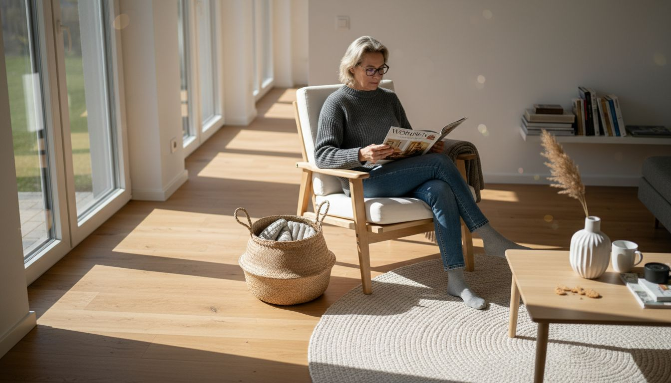 Wohnzimmer im skandinavischen Stil mit einem Bodenbelag ganz ohne PVC – für ein gesundes und stilvolles Zuhause.