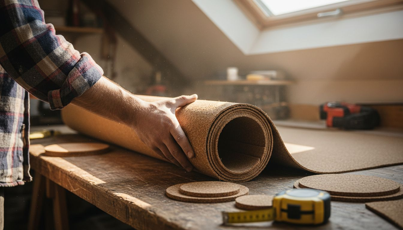 Mit der Hand wird die Oberfläche des natürlichen Linoleumbodens ertastet.