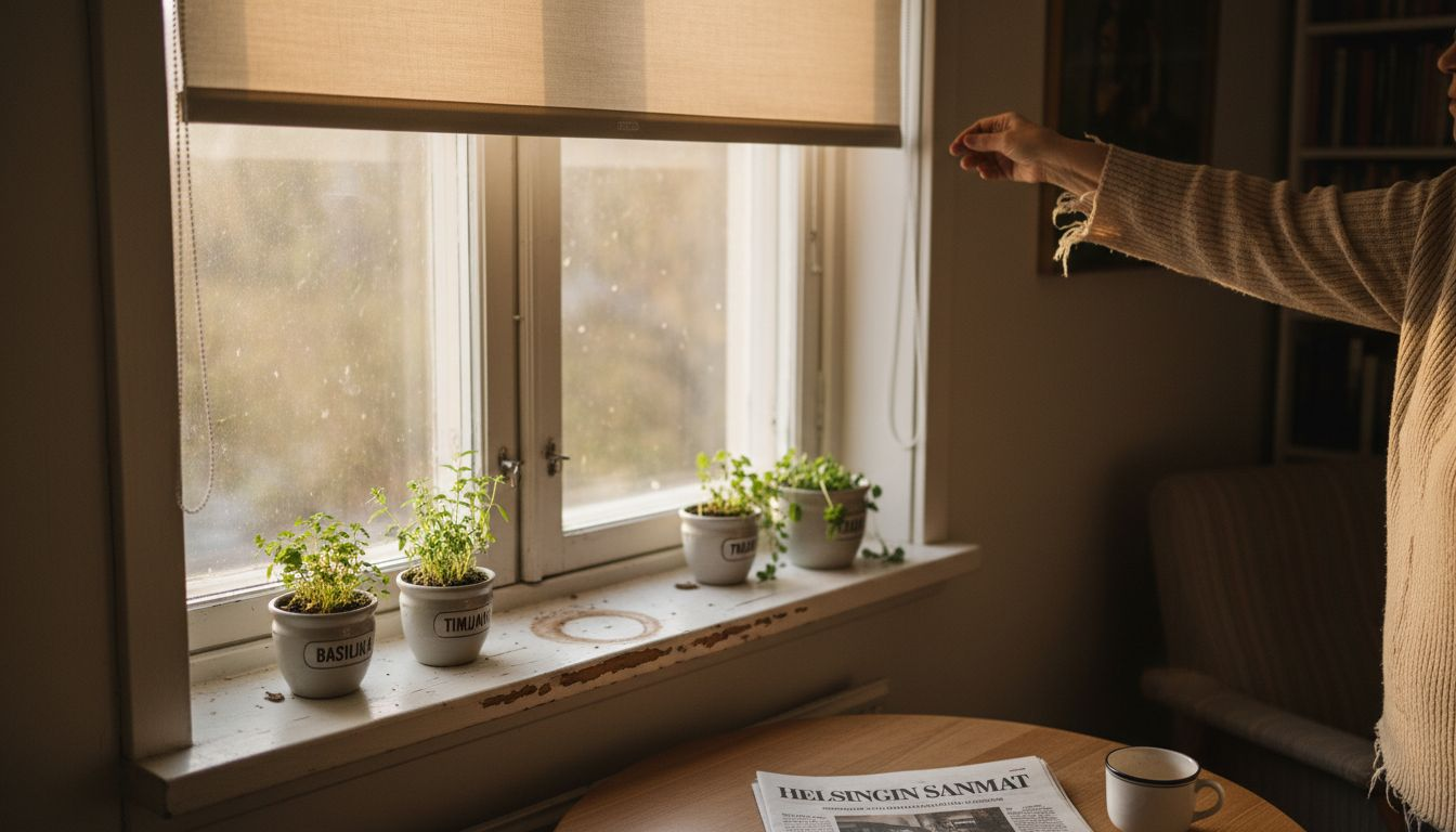 Nainen säätää rullaverhoa suojautuakseen auringonpaisteelta.