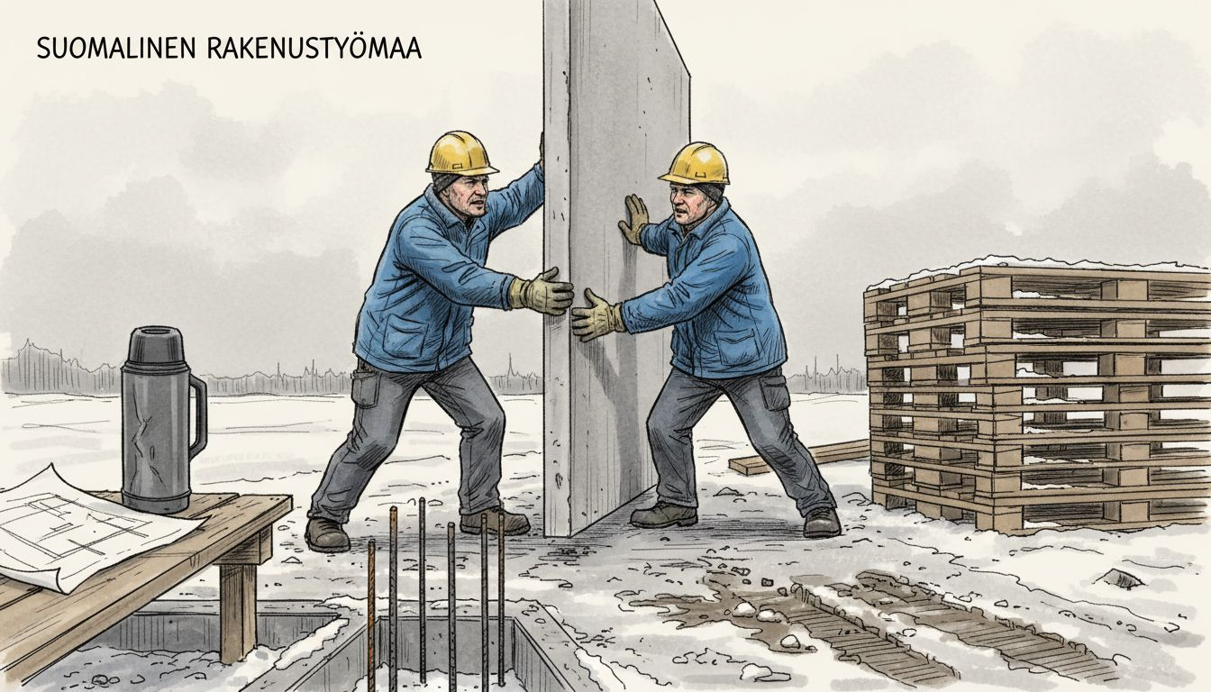 Betonielementin ohjaaminen talvisella rakennustyömaalla