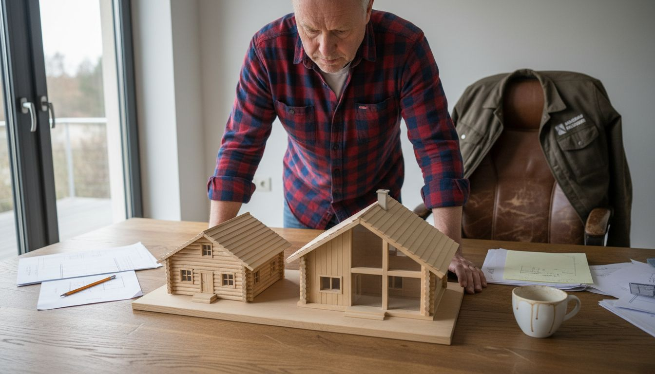 Ein Architekt begutachtet unterschiedliche Entwürfe für Blockhäuser und prüft, welche Bauweise sich am besten eignet.