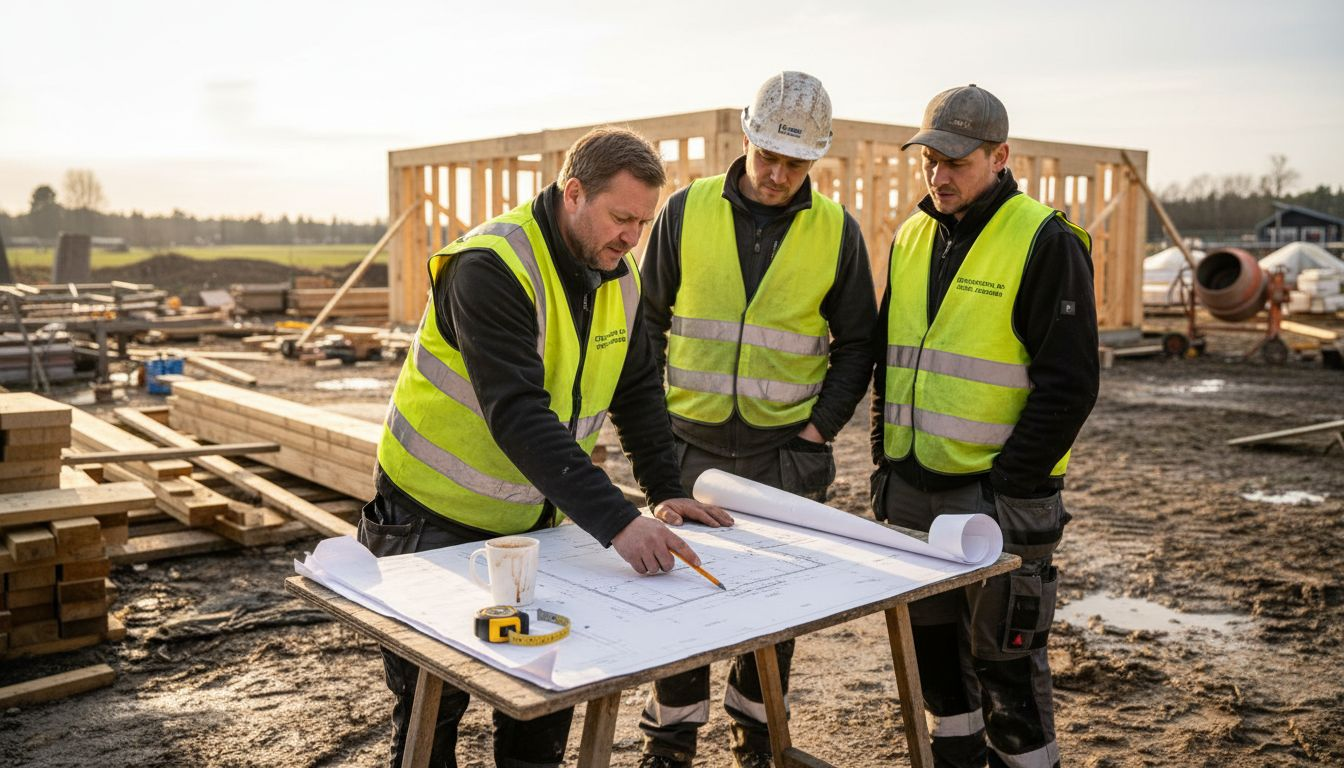 Platschefen går igenom byggplanerna med snickarna.