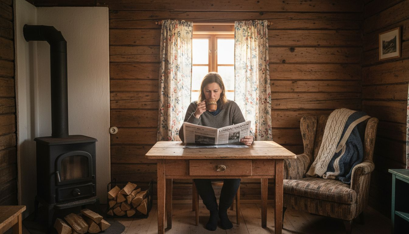 Lun og innbydende stue i tradisjonelt norsk tømmerhus