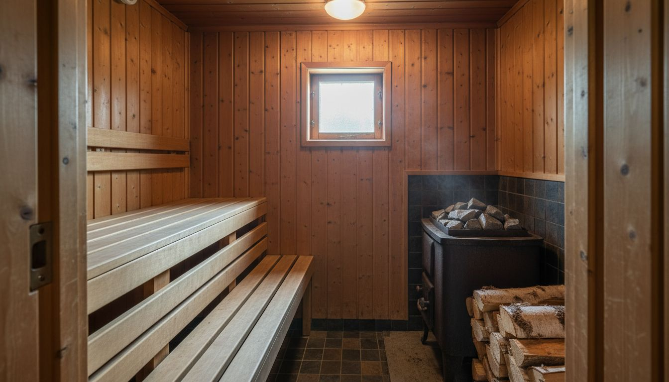 Timber sauna interior with benches and stove