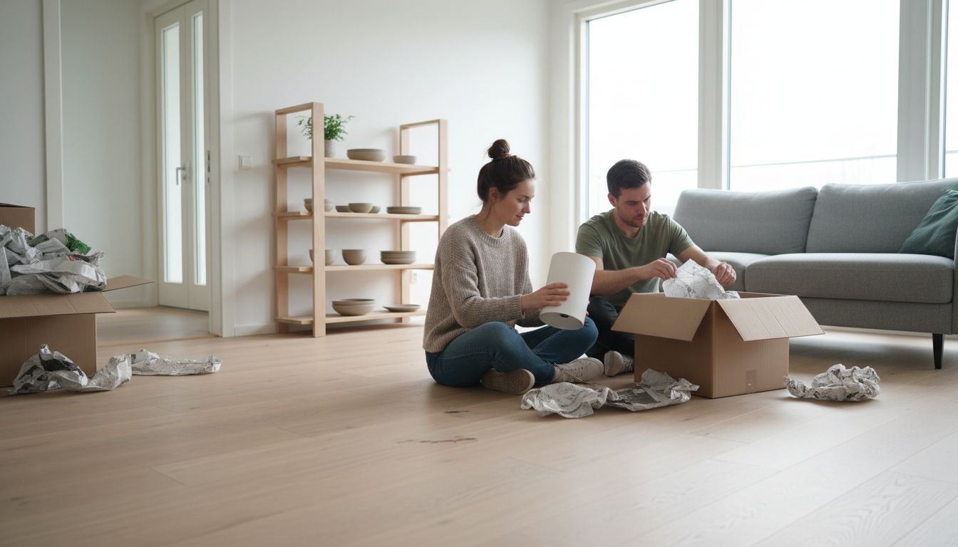 Ein Paar packt Kisten in einem hellen Zimmer mit skandinavischem Parkett aus.