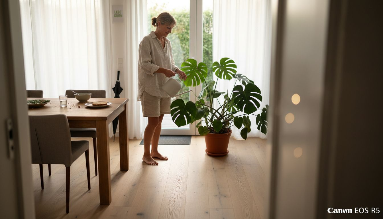 Eine Frau gießt ihre Zimmerpflanze auf einem Parkettboden.