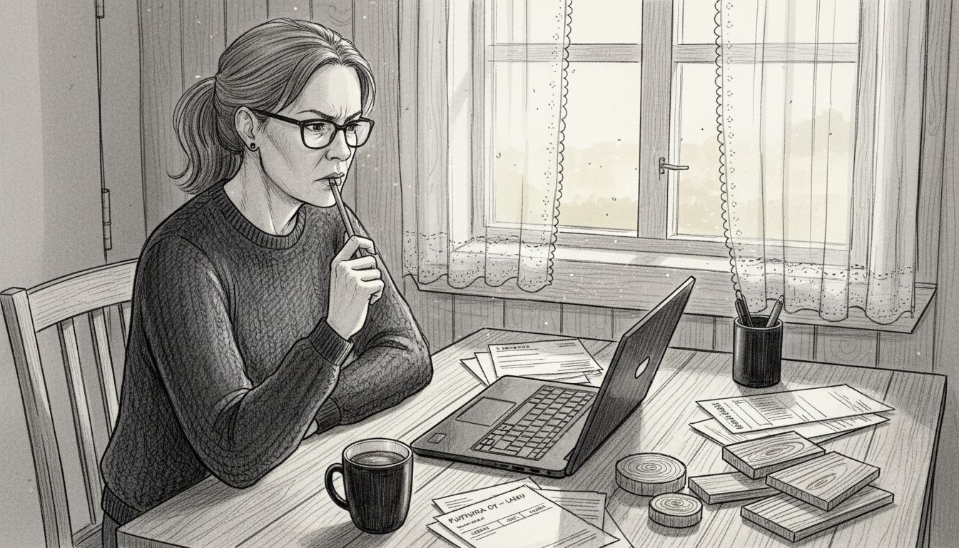 Nainen laskee kustannusarviota laskujen äärellä.