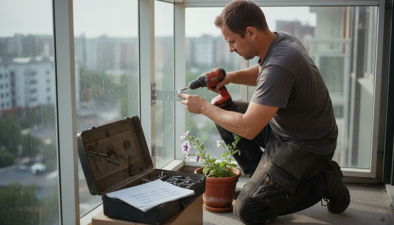Asentaja kiinnittää parvekemarkiisin kannaketta paikoilleen.