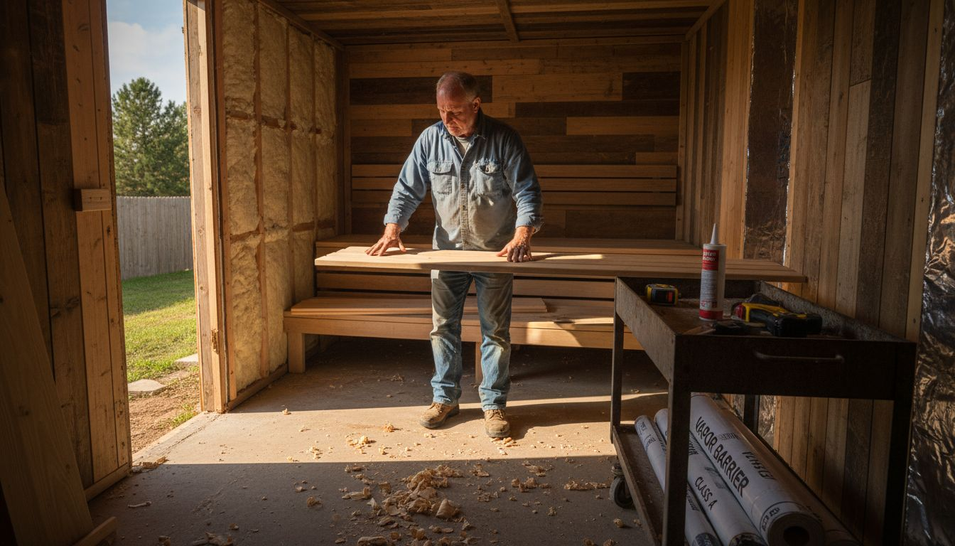 Worker examines wood sauna building materials