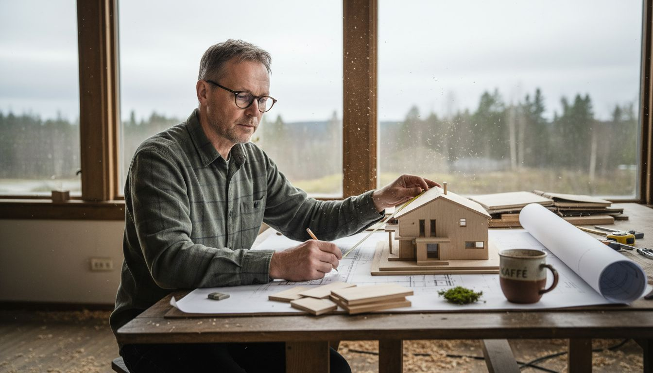 En arkitekt sitter vid sitt skrivbord och skissar, omgiven av olika träprover.