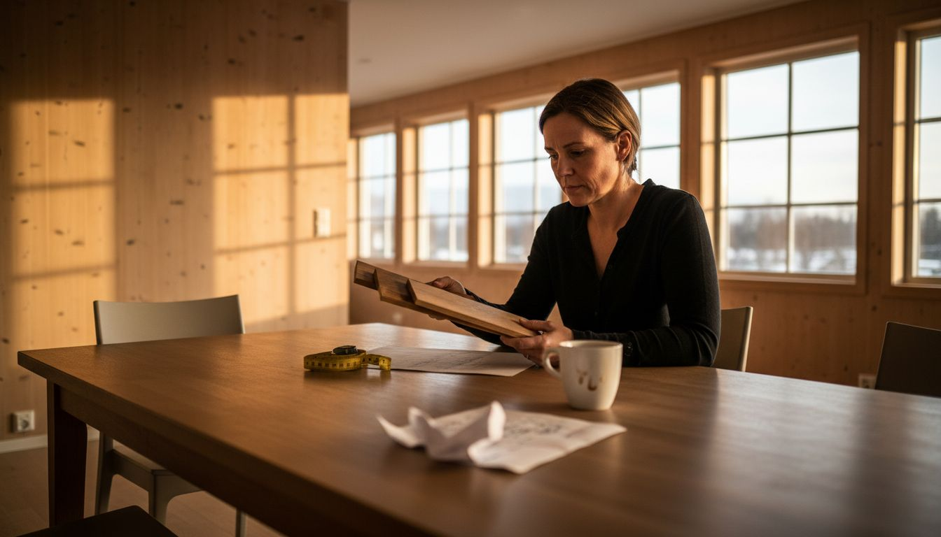 Arkitekten undersøker ulike typer treverk ved hjelp av prøver