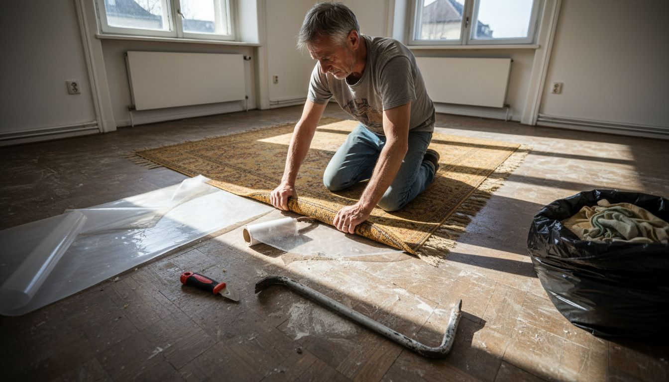 Ein Mann nimmt den alten Fußboden heraus.