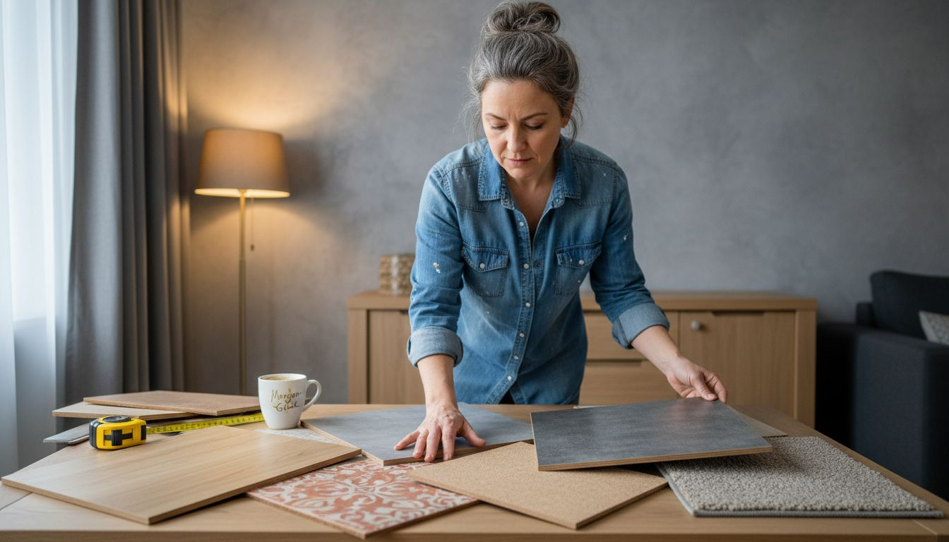 Eine Frau schaut sich verschiedene Muster für Bodenbeläge an und vergleicht sie miteinander.