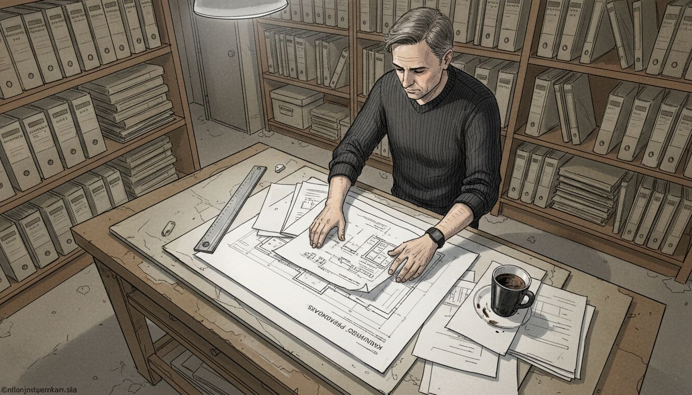 Arkkitehti lajittelee rakennuslupapapereita arkiston hyllyihin.