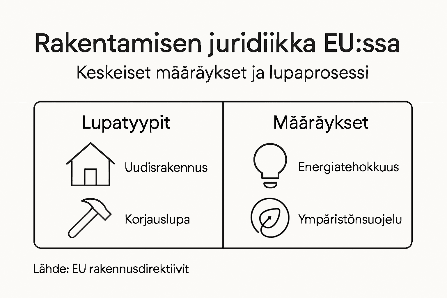 Rakentamisen juridiikan ja määräysten keskeiset kohdat yhdessä kuvassa
