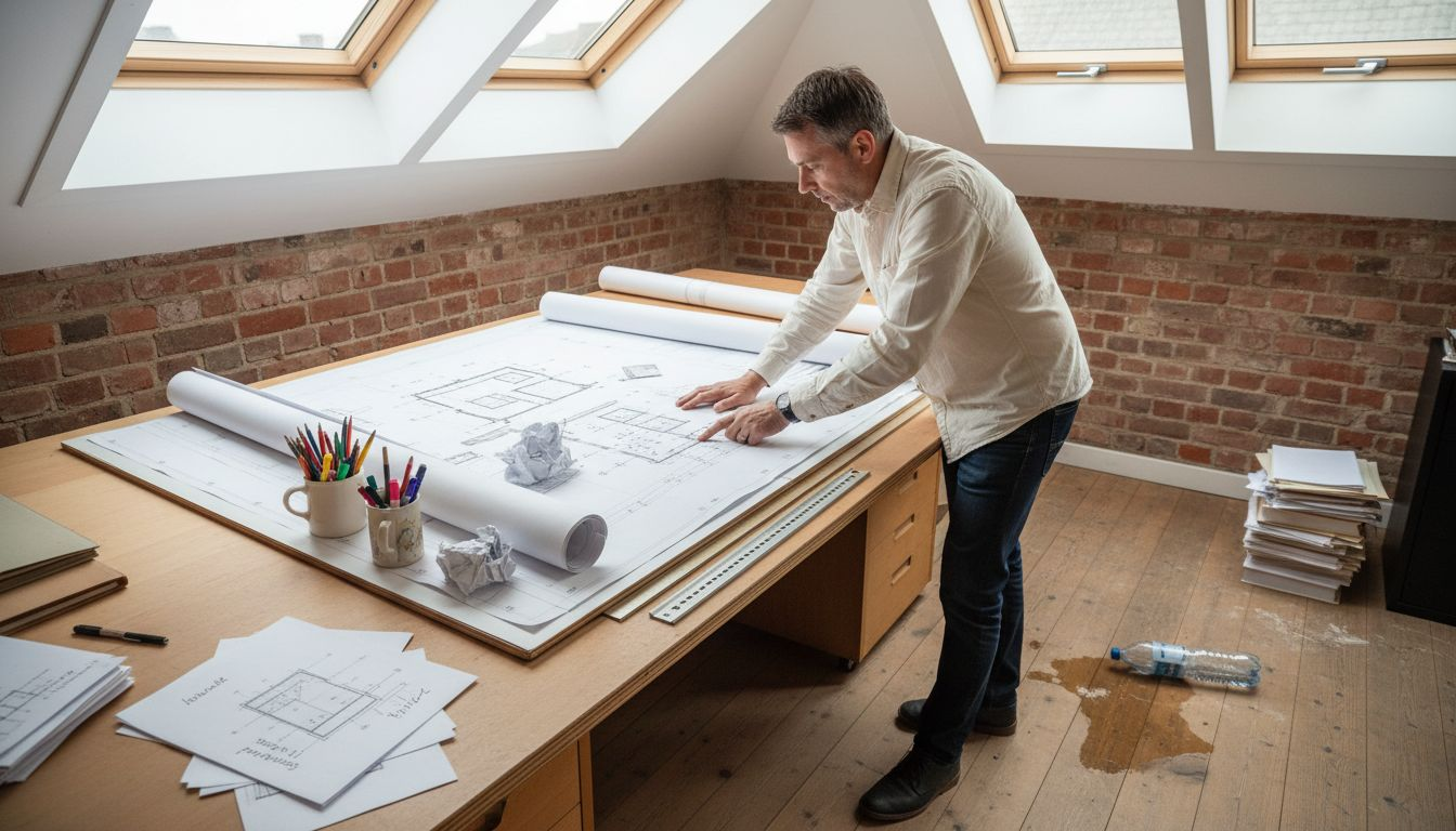 Ein Architekt prüft aufmerksam die Baupläne, die auf seinem Zeichentisch ausgebreitet sind.