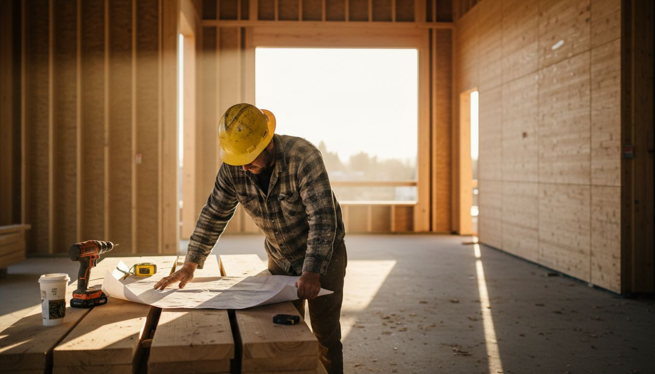 Worker reviewing blueprints inside timber structure