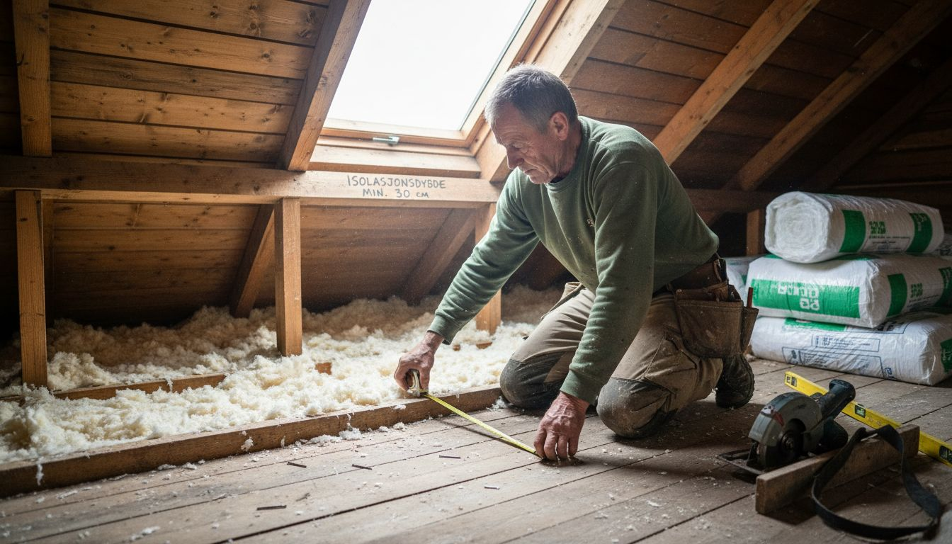 En snekker sjekker tykkelsen på isolasjonen oppe på loftet i en tømmerhytte.