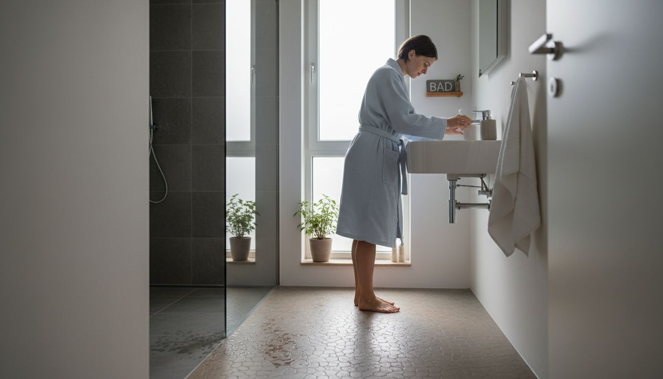 Eine Frau steht barfuß auf dem modernen Bodenbelag in ihrem Badezimmer.