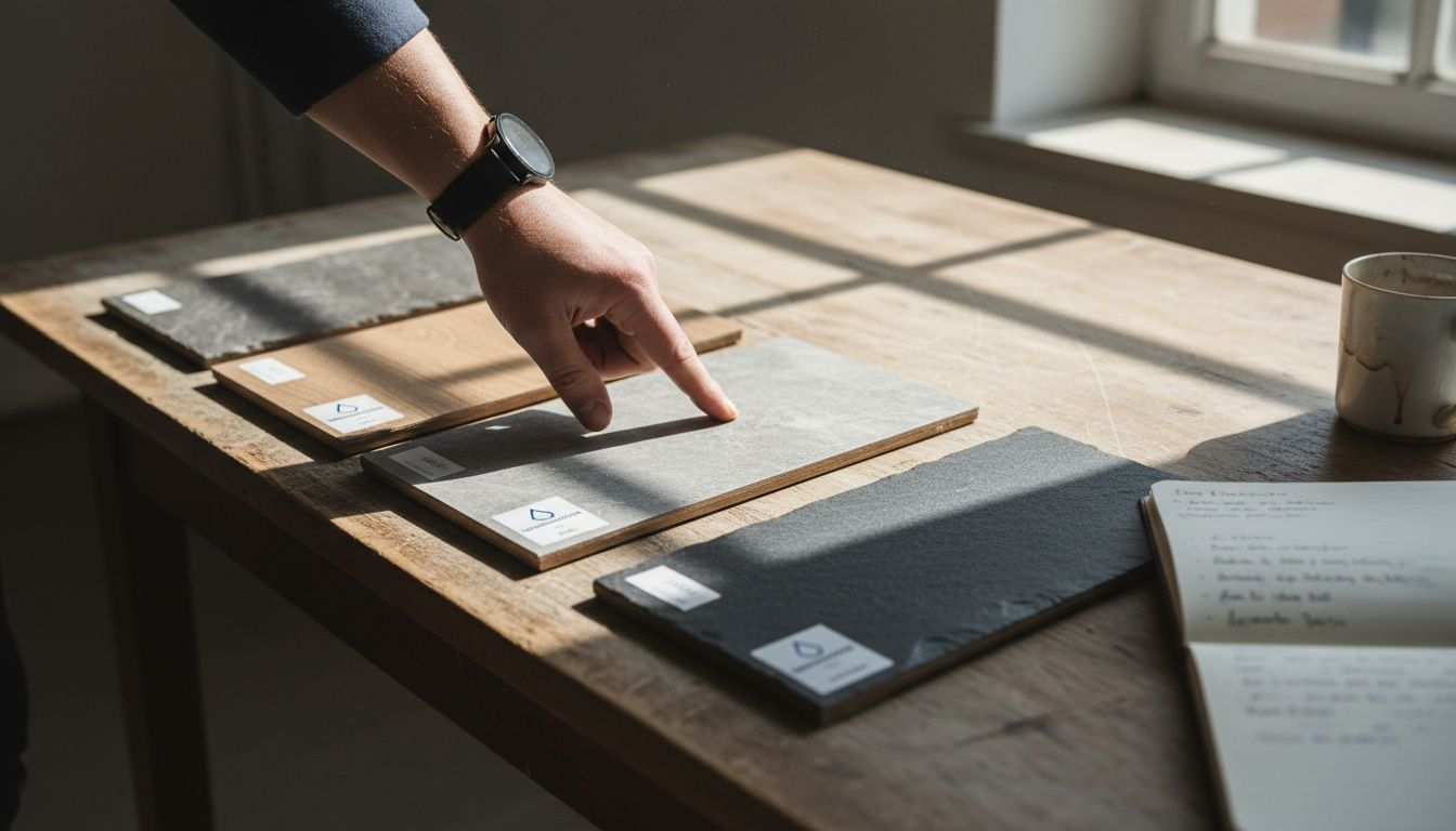 Verschiedene Designboden-Muster liegen zur Ansicht auf dem Studiotisch aus.