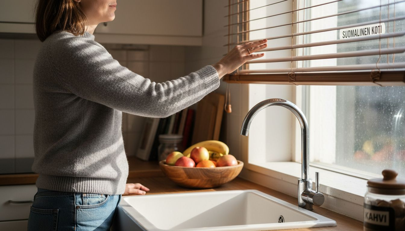 Nainen tutkii keittiössä erilaisia verhokankaita ja miettii, mikä sopisi parhaiten omaan kotiin.