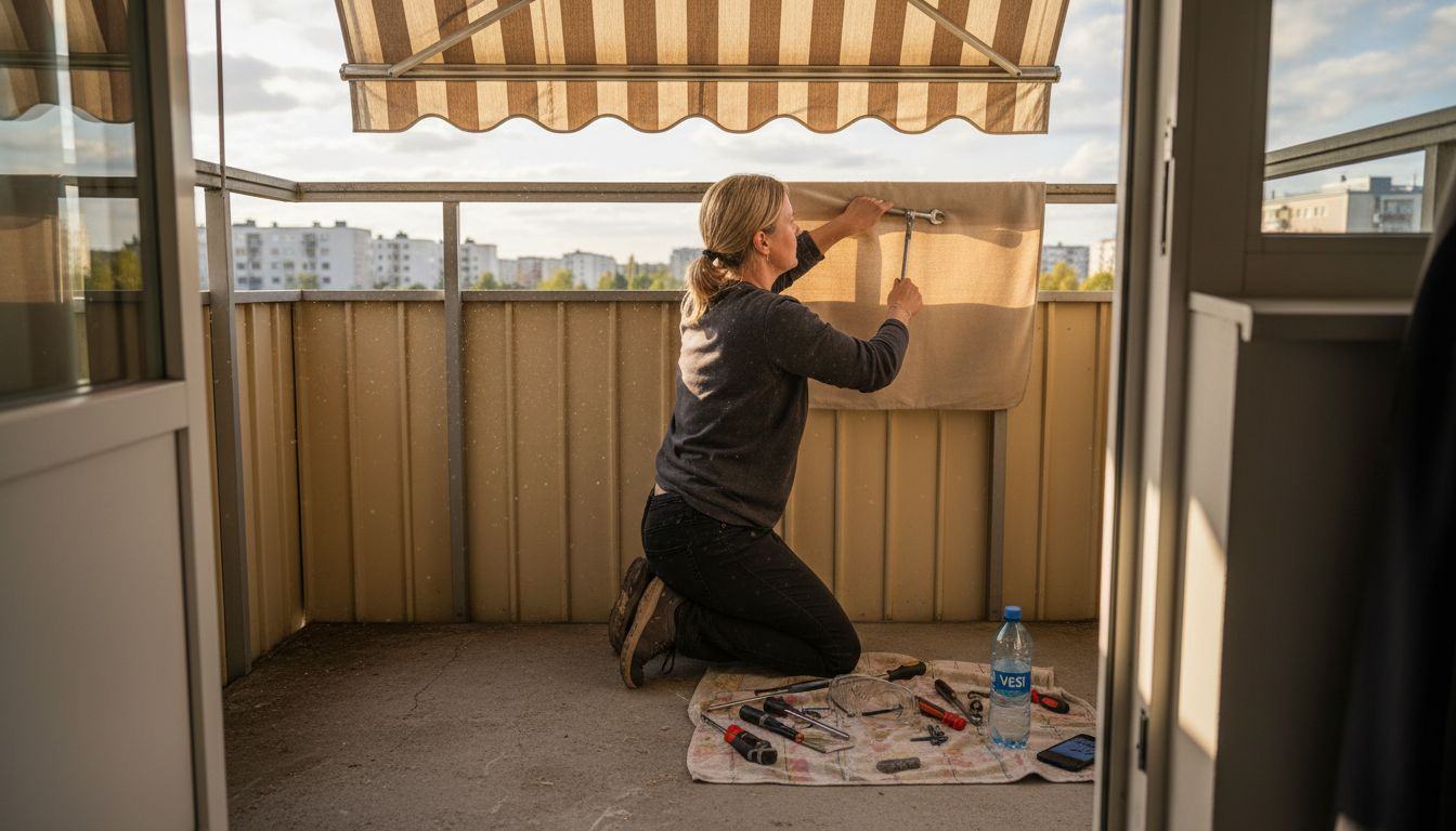 Kaupunkiparvekkeella nainen asentaa uusia sälekaihtimia.