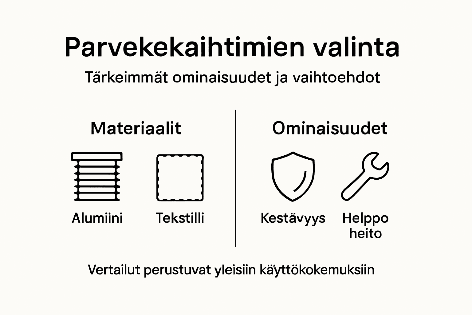 Kuvallinen katsaus parvekekaihtimien eri materiaaleihin ja niiden ominaisuuksiin