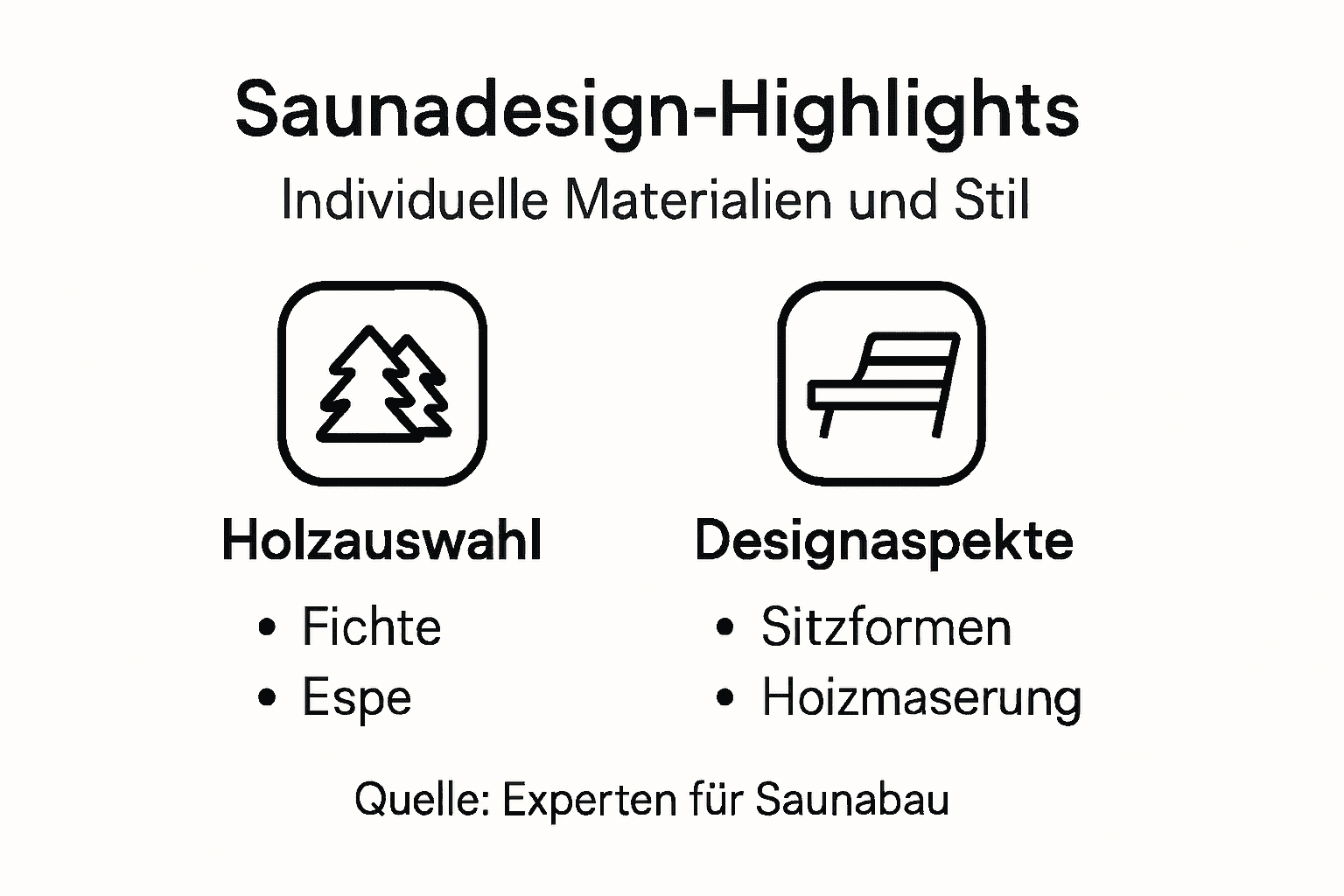 Diese Infografik bietet einen Überblick über typische Materialien und Gestaltungselemente, die beim Bau und Design von Saunen zum Einsatz kommen.