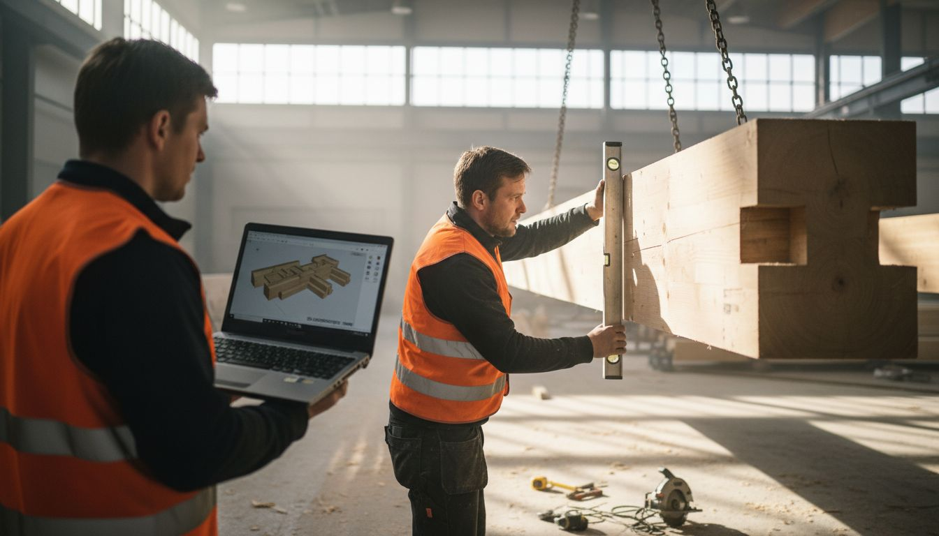 Med hjälp av modern teknik sätter hantverkare ihop timmerkonstruktioner.