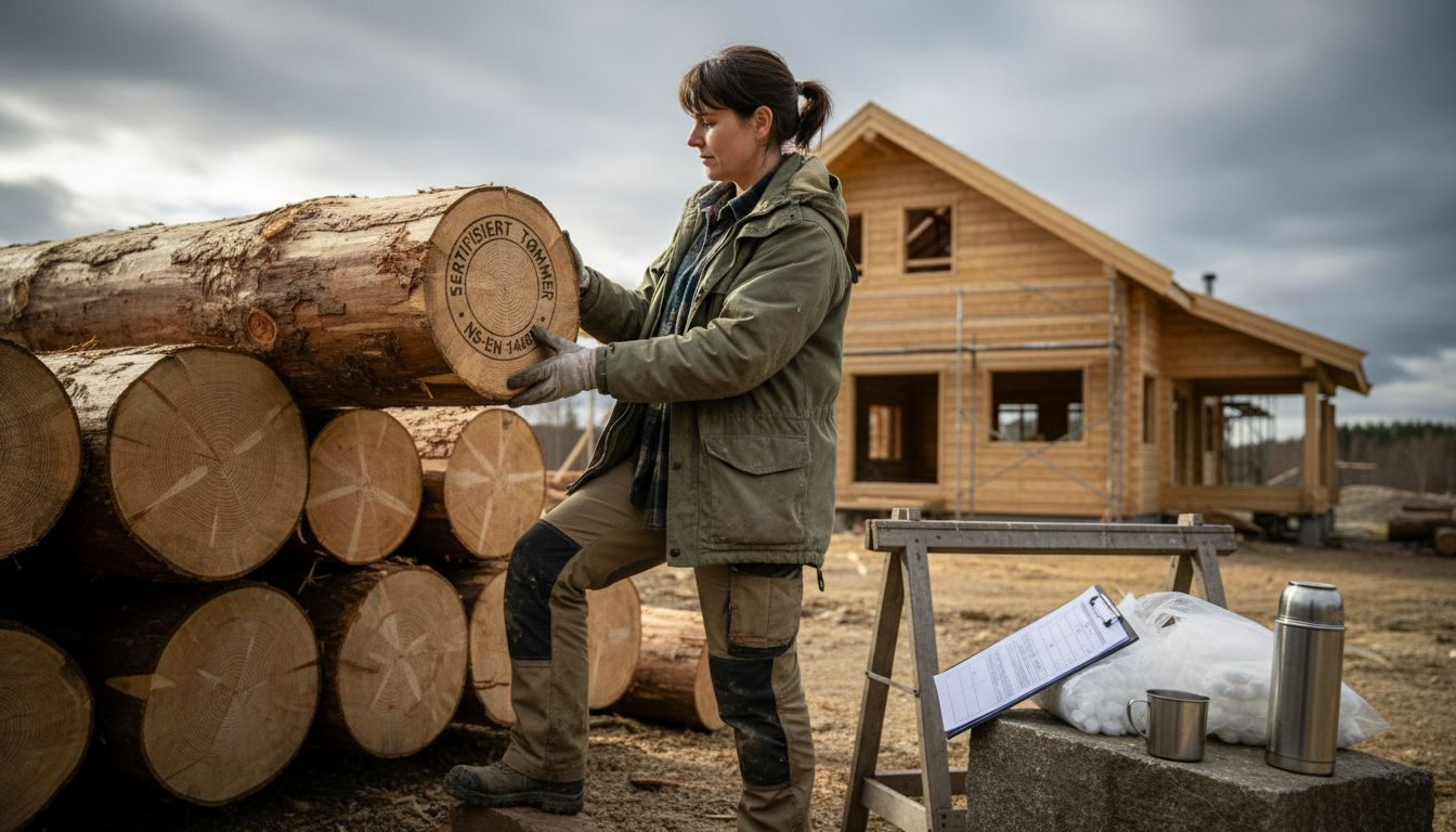 Byggelederen sjekker at treverket til huset er miljøvennlig og bærekraftig.