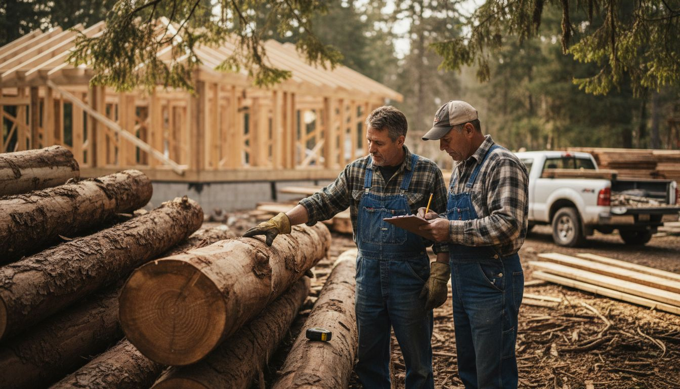 Carpenters examining logs for house building